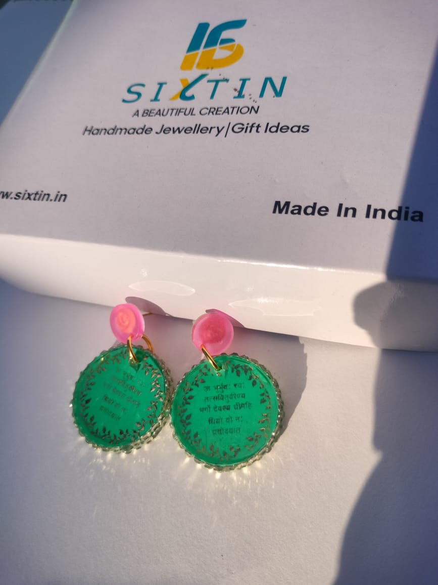 Mantra resin earrings for women – handmade resin jewelry in India, perfect for gifting and adding elegance to any outfit