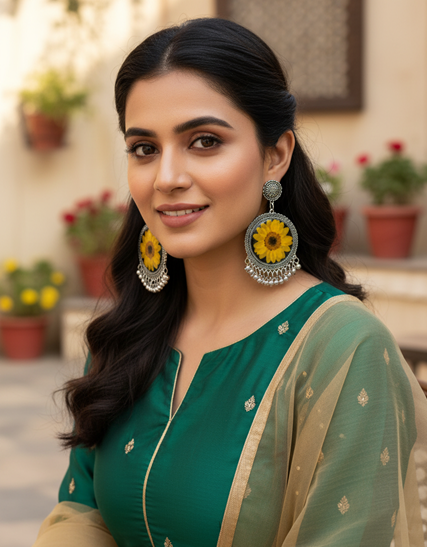 Resin Jhumka Earrings, designed with real yellow dry flowers