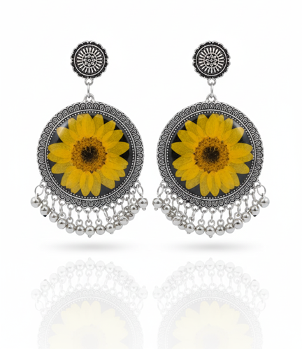 Resin Jhumka Earrings, designed with real yellow dry flowers