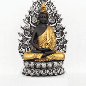 Front view of a 12-inch Gold and Silver Meditating Buddha Statue on a white pedestal.